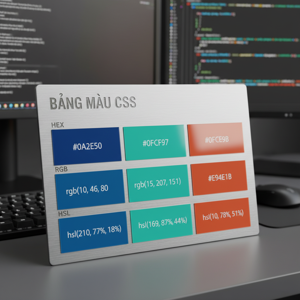 Bảng biểu diễn màu sắc CSS với định dạng Hex RGB và HSL